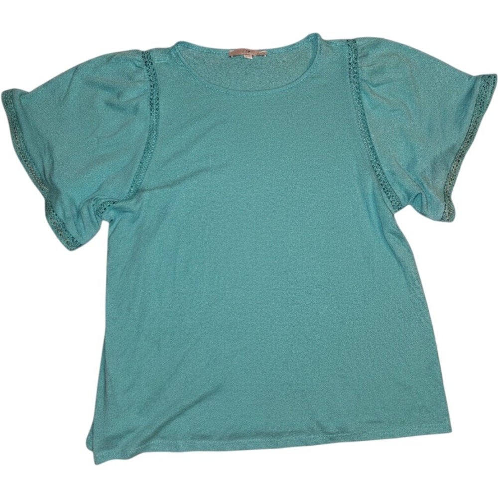 Loft Womens XL Turquoise Blue Flutter Sleeve‎ Lace Trim Knit Top Blouse